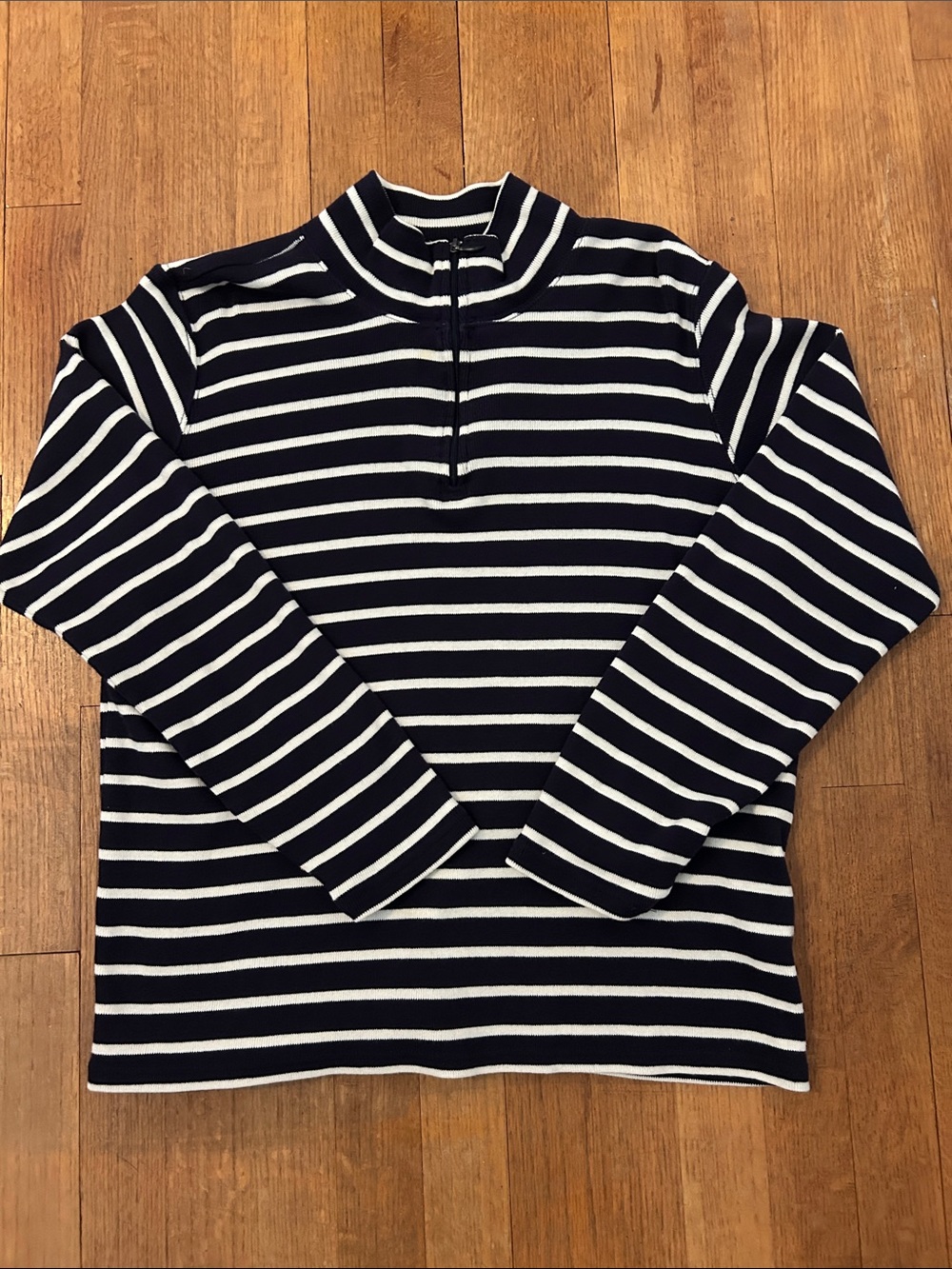 L.L. Bean Navy & White Striped Quarter Zip Mock Neck Cotton Sweater L